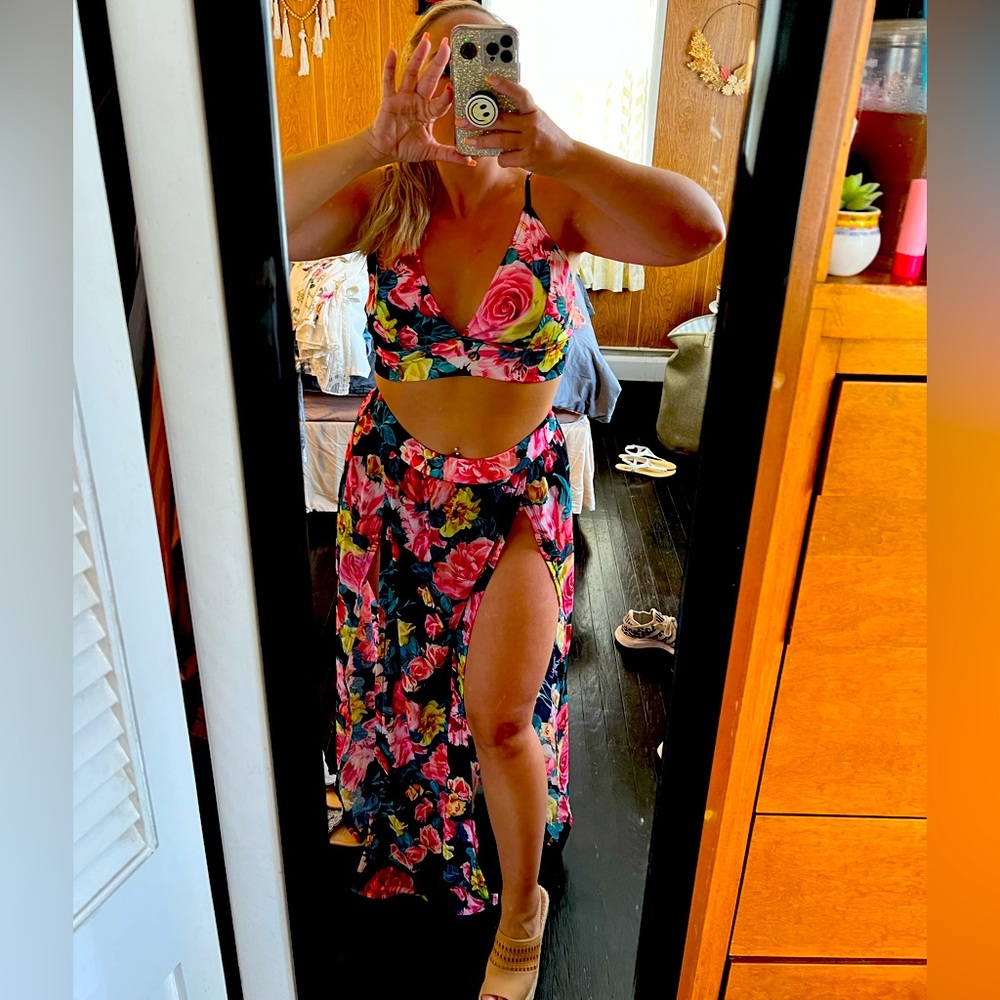 2 piece skirt/crop top set with built in underwear